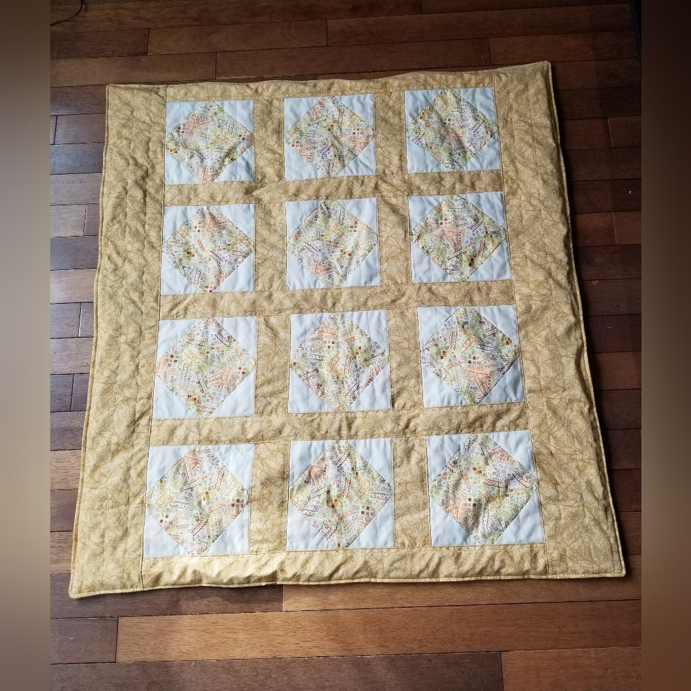 Baby Quilt Handmade Patchwork Blanket Yellow Ivory NWTag